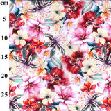 a floaty viscose fabric with a mix of pink water colour flowers Kayes Textiles Fabrics