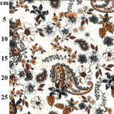 A floaty viscose fabric with a black floral and paisley design on a cream background Kayes Textiles Fabrics