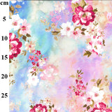 A floaty viscose fabric with pastel coloured flowers on a pastel background Kayes Textiles Fabrics