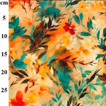 A floaty viscose fabric with orange and teal flowers and leaves on an orange sunset colour background Kayes Textiles Fabrics