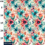 a floaty viscose fabric with pink and teal water colour flowers Kayes Textiles Fabrics