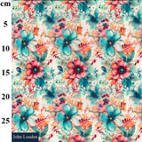 a floaty viscose fabric with pink and teal water colour flowers Kayes Textiles Fabrics