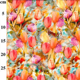 a floaty viscose fabric with pink, mauve and red tulip flowers in watercolour Kayes Textiles Fabric