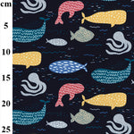 Sea creatures fish octopus whale navy 100% cotton fabric perfect for summer clothes dresses tops nightwear lightweight cool Kayes Textiles dressmaking Southend Westcliff sewing fabric shops cool clothes Metre discount cheap 
