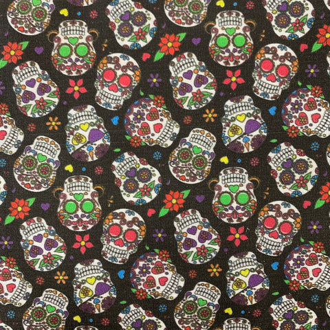 Black candy skulls 100% cotton perfect for summer clothes crafts dresses tops Kayes Textiles dressmaking Southend Westcliff sewing fabric shops cool clothes Metre discount cheap 
