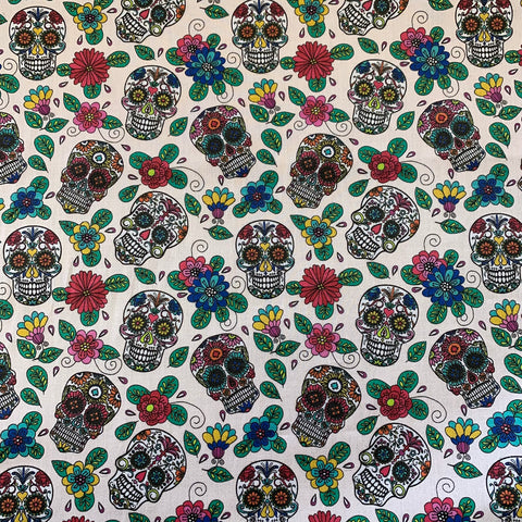 Candy skulls coloured cream 100% cotton perfect for summer clothes crafts dresses tops Kayes Textiles dressmaking Southend Westcliff sewing fabric shops cool clothes Metre discount cheap 