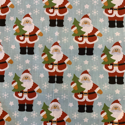 Polycotton Christmas Fabric Prints Father Christmas LIGHT BLUE (Per 0.5 Metre)