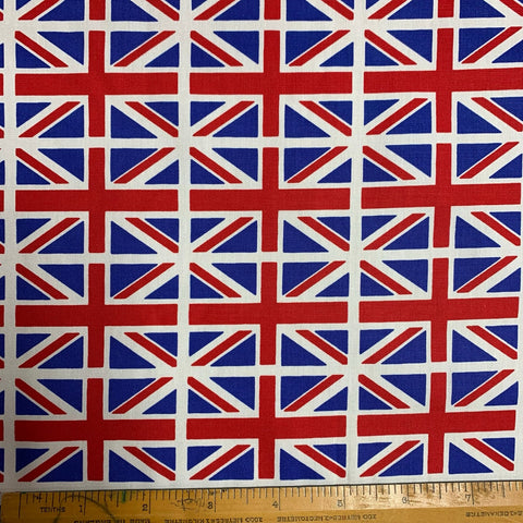 Union Jack royal flag 100% cotton poplin fabric King red white and blue small design patchwork craft cotton fabric perfect for summer clothes dresses tops lightweight cool Kayes 100% cotton dressmaking Southend Westcliff sewing fabric cool clothes pattern fabric shops Metre discount cheap 