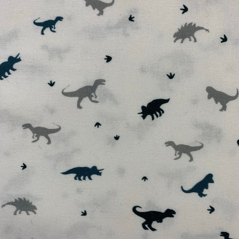 Dinosaurs on white background craft 100% cotton fabric perfect for summer clothes dresses tops nightwear lightweight cool Kayes Textiles dressmaking Southend Westcliff sewing fabric shops cool clothes Metre discount cheap 