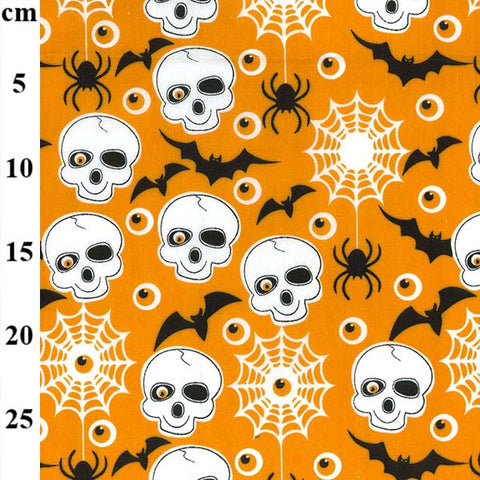 Halloween Polycotton Print - Skulls and Spiders - Orange - Sold by Half Metre