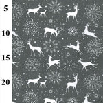 Polycotton Christmas Fabric Prints Grey Reindeer and Snowflakes (Per Metre)