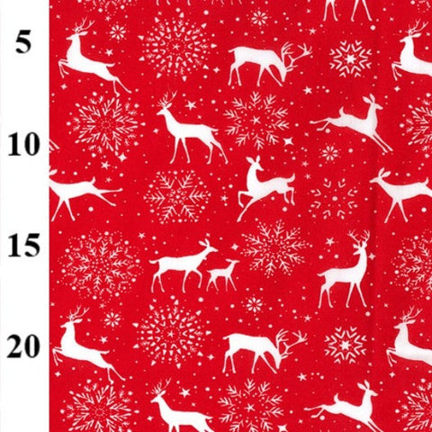 Polycotton Christmas Prints - Reindeer and Snowflakes - Red - Sold by Half Metre