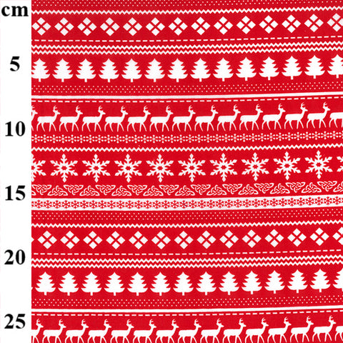 Polycotton Christmas Prints - Scandi Christmas Rows - Red - Sold by Half Metre