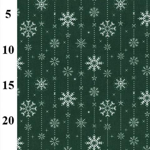 Polycotton Christmas Fabric Prints Snowflake Lines GREEN (Per Metre)