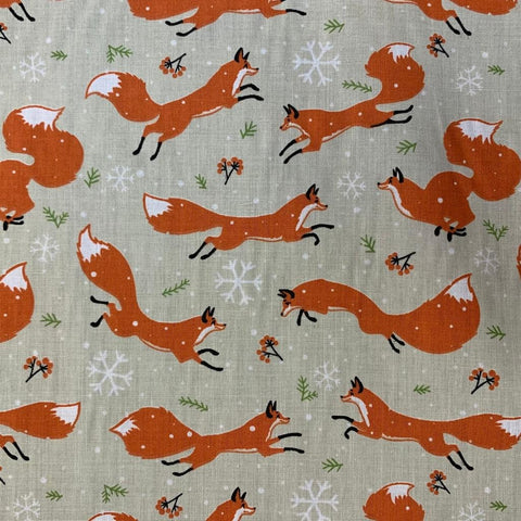 Polycotton Christmas Fabric Prints - Snowy Foxes - Cream (Per 0.5 Metre)