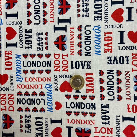 love London words 100% cotton fabric King red small design patchwork craft cotton fabric perfect for summer clothes dresses tops lightweight cool Kayes 100% cotton dressmaking Southend Westcliff sewing fabric cool clothes pattern fabric shops Metre discount cheap 