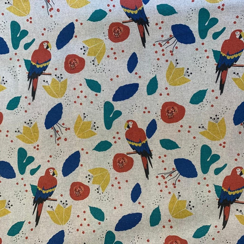 Heavy weight polycotton linen look colourful parrot design perfect for crafts curtains cushions Kayes Textiles dressmaking Southend Westcliff sewing fabric shops Metre discount cheap 