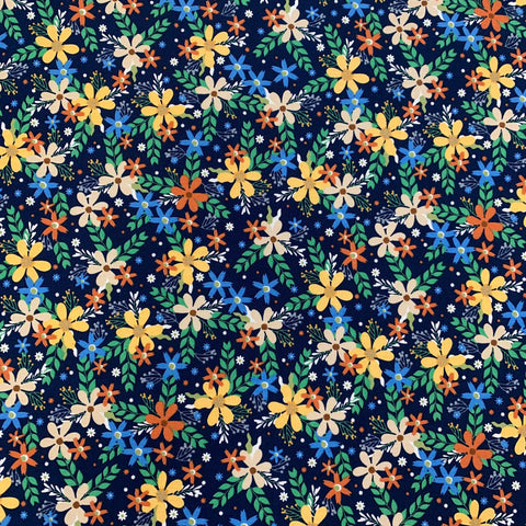 cartoon floral cotton fabric navy coloured flowers 100% cotton perfect for summer clothes crafts dresses tops lightweight cool Kayes dressmaking Southend Westcliff sewing fabric shops cool clothes Metre discount cheap 