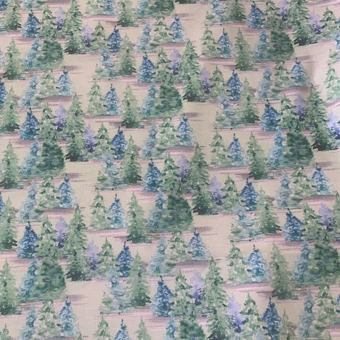 Painted forest trees 100% Craft cotton fabric perfect for summer clothes crafts dresses tops nightwear lightweight cool Kayes dressmaking Southend Westcliff sewing fabric shops cool clothes Metre discount cheap 