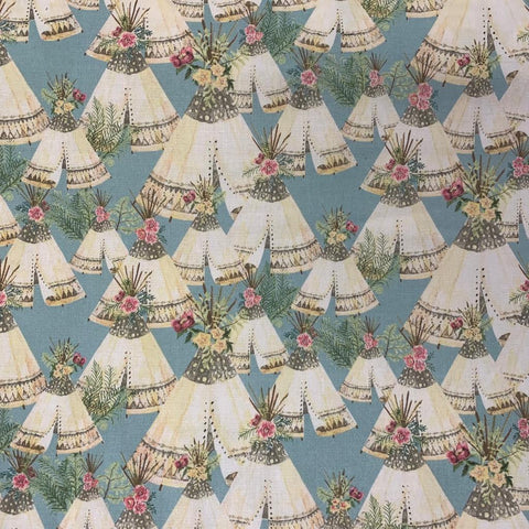 Pretty teepees pastel 100% Craft cotton fabric perfect for summer clothes crafts dresses tops nightwear lightweight cool Kayes dressmaking Southend Westcliff sewing fabric shops cool clothes Metre discount cheap 