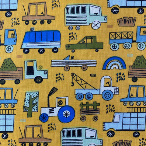Polycotton Print - Construction Vehicles - Yellow - Sold by Half Metre