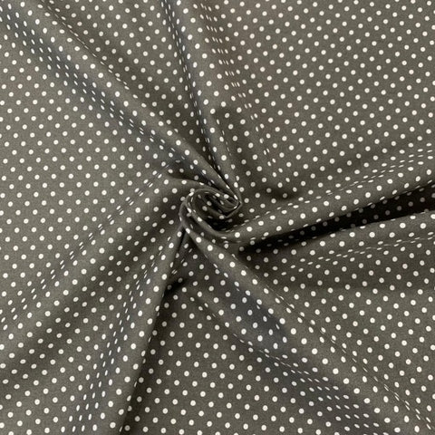 dark grey polka dot spot 100% cotton fabric Rose and Hubble poplin 100% cotton fabric small design patchwork cotton fabric perfect for summer clothes dresses tops nightwear lightweight cool Kayes dressmaking Southend Westcliff sewing fabric cool clothes pattern fabric shops Metre discount cheap 