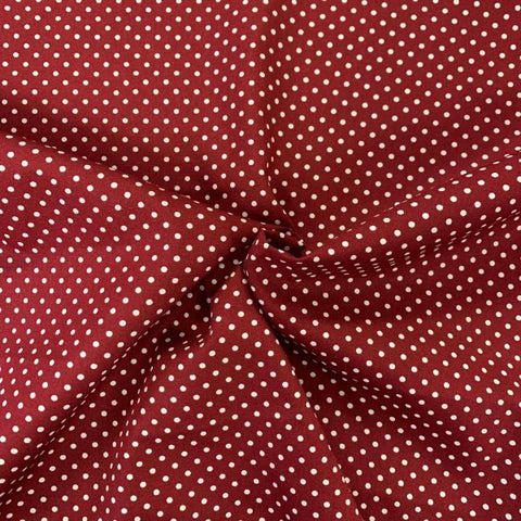 burgundy red polka dot spot 100% cotton fabric Rose and Hubble poplin 100% cotton fabric small design patchwork cotton fabric perfect for summer clothes dresses tops nightwear lightweight cool Kayes dressmaking Southend Westcliff sewing fabric cool clothes pattern fabric shops Metre discount cheap 