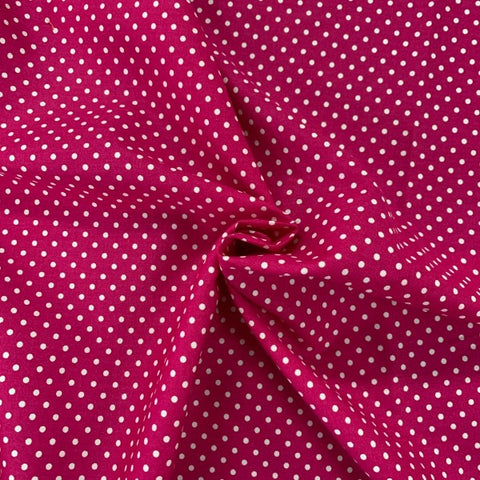 cerise pink polka dot spot 100% cotton fabric Rose and Hubble poplin 100% cotton fabric small design patchwork cotton fabric perfect for summer clothes dresses tops nightwear lightweight cool Kayes dressmaking Southend Westcliff sewing fabric cool clothes pattern fabric shops Metre discount cheap 