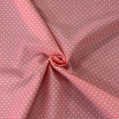pink polka dot spot 100% cotton fabric Rose and Hubble poplin 100% cotton fabric small design patchwork cotton fabric perfect for summer clothes dresses tops nightwear lightweight cool Kayes dressmaking Southend Westcliff sewing fabric cool clothes pattern fabric shops Metre discount cheap 