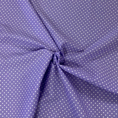 lilac polka dot spot 100% cotton fabric polka dot spot Rose and Hubble poplin fabric small design patchwork cotton fabric perfect for summer clothes dresses tops nightwear lightweight cool Kayes dressmaking Southend Westcliff sewing fabric cool clothes pattern fabric shops Metre discount cheap 