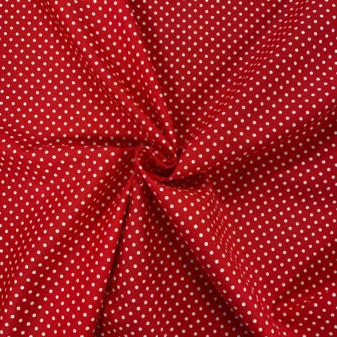 red polka dot spot 100% cotton fabric Rose and Hubble poplin 100% cotton fabric small design patchwork cotton fabric perfect for summer clothes dresses tops nightwear lightweight cool Kayes dressmaking Southend Westcliff sewing fabric cool clothes pattern fabric shops Metre discount cheap 