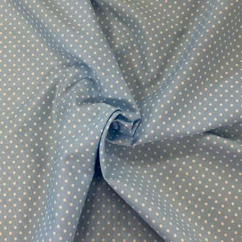 Sky blue polka dot spot 100% cotton fabric Rose and Hubble poplin 100% cotton fabric small design patchwork cotton fabric perfect for summer clothes dresses tops nightwear lightweight cool Kayes dressmaking Southend Westcliff sewing fabric cool clothes pattern fabric shops Metre discount cheap 