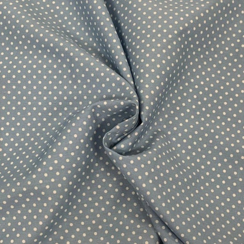Pale blue polka dot spot Rose and Hubble poplin 100% cotton fabric small design patchwork cotton fabric perfect for summer clothes dresses tops nightwear lightweight cool Kayes dressmaking Southend Westcliff sewing fabric cool clothes pattern fabric shops Metre discount cheap 