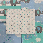 Cute baby elephant pastel blue and Green Fat Quarters pack 100% cotton Kaye’s textiles Southend Westcliff Essex sewing patchwork crafts projects