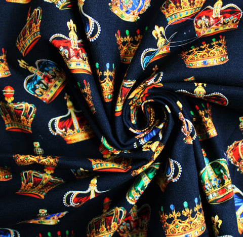 King royal crowns crown black small design prince patchwork craft cotton fabric perfect for summer clothes dresses tops lightweight cool Kayes 100% cotton dressmaking Southend Westcliff sewing fabric cool clothes pattern fabric shops Metre discount cheap 