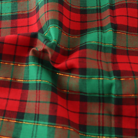 Christmas Xmas tartan Green and red metallic thread cotton fabric perfect for summer clothes dresses tops nightwear lightweight cool Kayes dressmaking Southend Westcliff sewing fabric shops cool clothes Metre discount cheap 