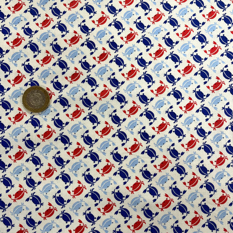 Crabs red white blue white background children’s patchwork craft cotton fabric perfect for summer clothes dresses tops lightweight cool Kayes 100% cotton dressmaking Southend Westcliff sewing fabric cool clothes pattern fabric shops Metre discount cheap 
