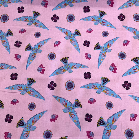 Lilac bird design flying parrots patchwork craft cotton fabric perfect for summer clothes dresses tops lightweight cool Kayes 100% cotton dressmaking Southend Westcliff sewing fabric cool clothes pattern fabric shops Metre discount cheap 