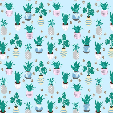 Pot plants blue paw prints 100% cotton fabric small design patchwork craft cotton fabric perfect for summer clothes dresses tops lightweight cool Kayes 100% cotton dressmaking Southend Westcliff sewing fabric cool clothes pattern fabric shops Metre discount cheap 
