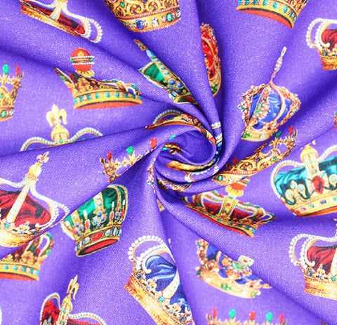 King royal crowns crown purple small design prince patchwork craft cotton fabric perfect for summer clothes dresses tops lightweight cool Kayes 100% cotton dressmaking Southend Westcliff sewing fabric cool clothes pattern fabric shops Metre discount cheap 